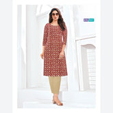 Red Batik Printed Cotton Kurti with Fancy NecK Work
